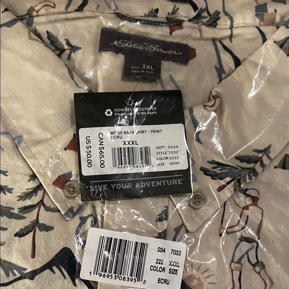 Eddie Bauer Ecru Short Sleeve Printed Camp Shirt